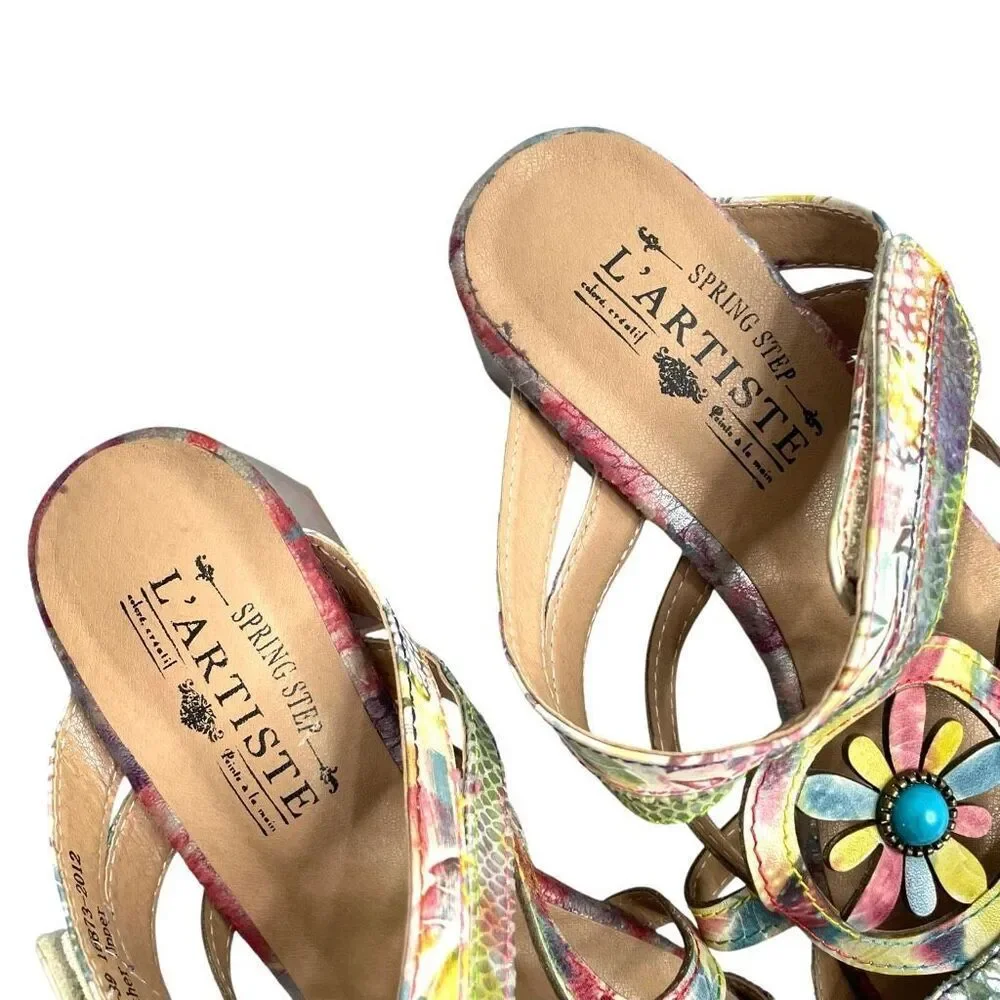 L’Artiste floral block‎ heel slide sandals heels Size 39 turquoise boho artsy